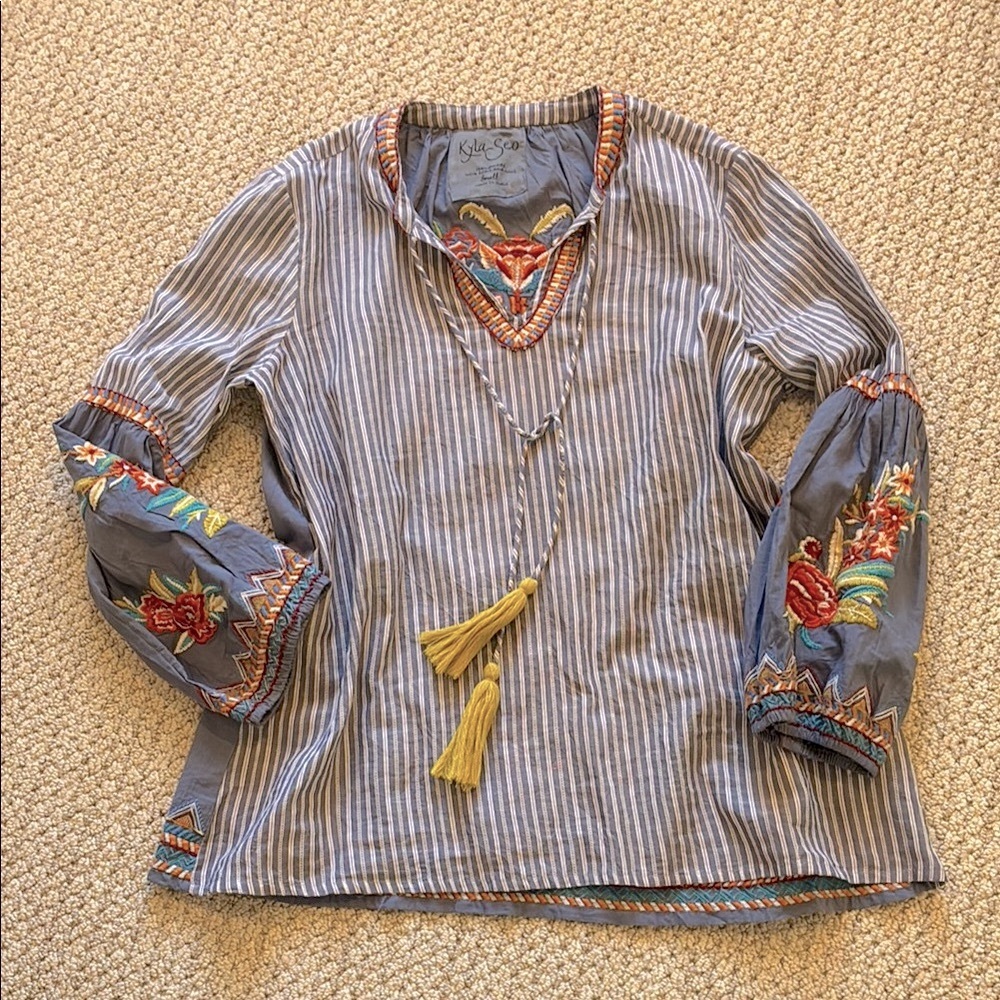 Kyla Seo Striped Embroidered Blouse with Tassels